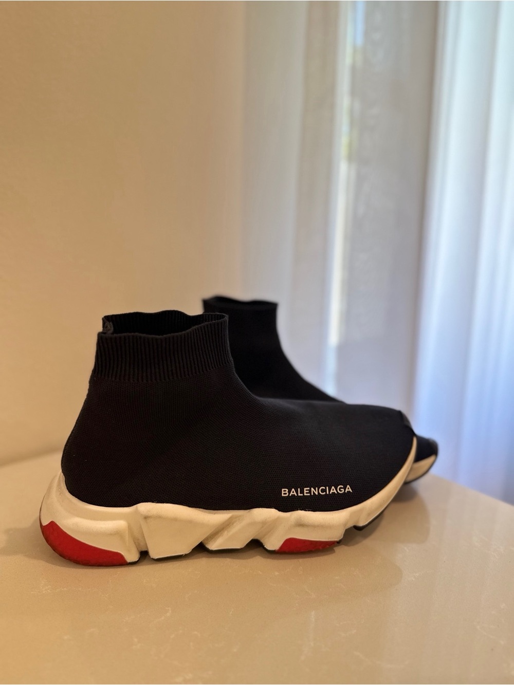 Balenciaga Black Knit Sock Sneakers with White Soles and Red Accents